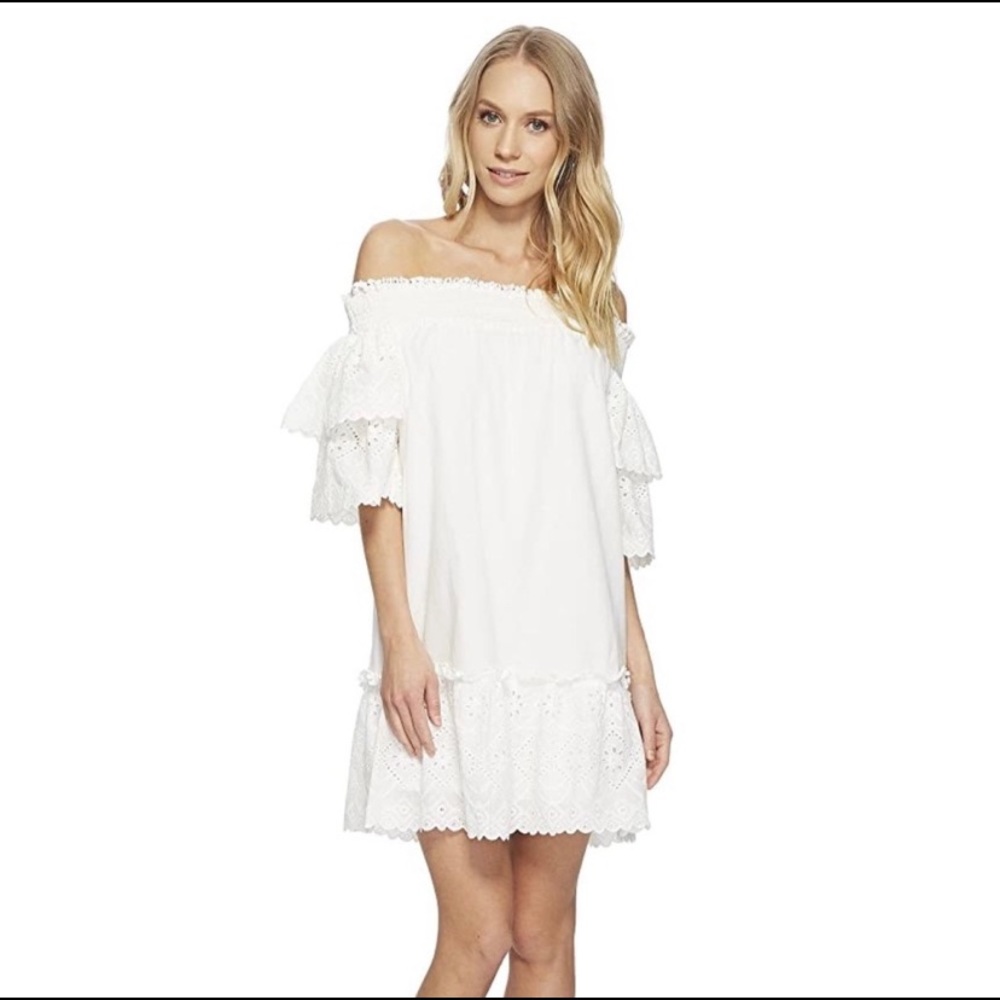 J.O.A OFF THE SHOULDER DRESS RUFFLES WHITE TIERED EYELET COTTON SUMMER